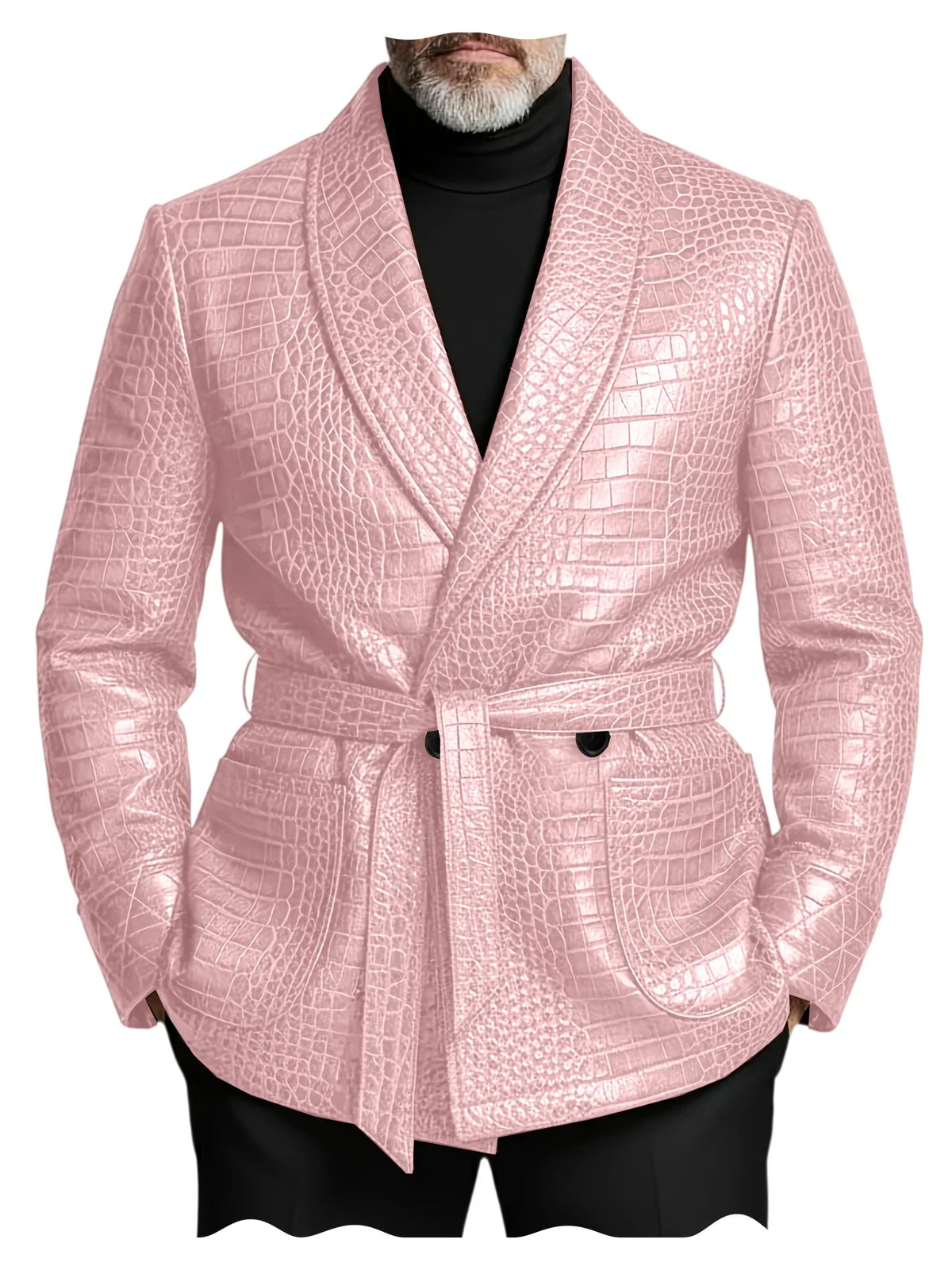  Men's Crocodile Pattern Leather Blazer Double Breasted Belted Shawl Collar Jacket Business Formal Party Wedding Casual Wear