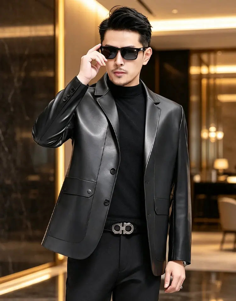 Genuine Leather Jacket Men's Sheepskin Suit Collar Midlife Leather Coat Business Casual Western Style Men's Single-Breasted Top