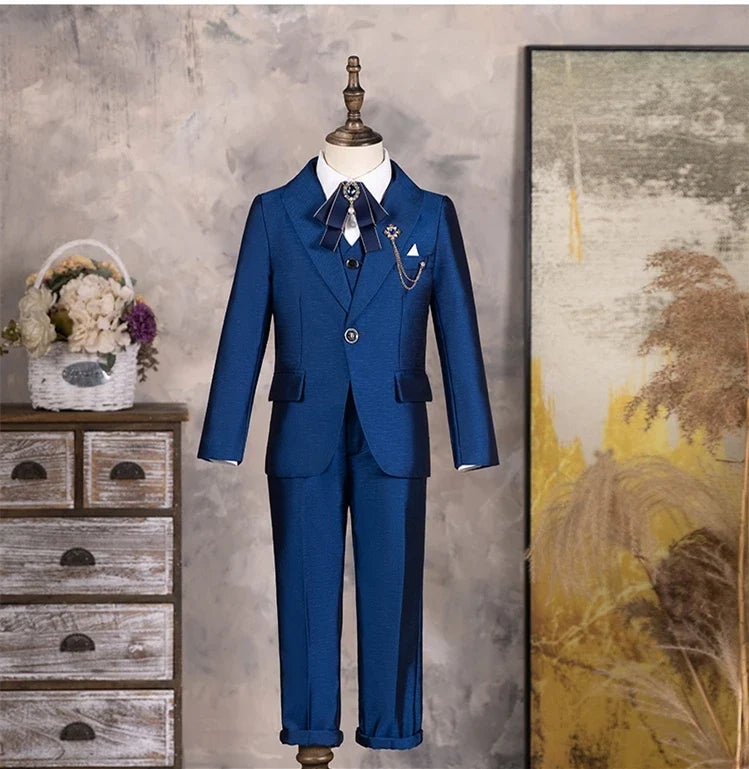 Children Shiny Blue Suit For Wedding Boys Formal Ceremony Tuxedo Dress Teenager Kids Photograph Blazer Party Performance Costume