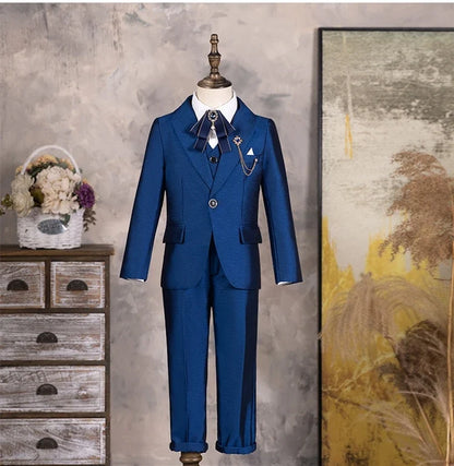 Children Shiny Blue Suit For Wedding Boys Formal Ceremony Tuxedo Dress Teenager Kids Photograph Blazer Party Performance Costume