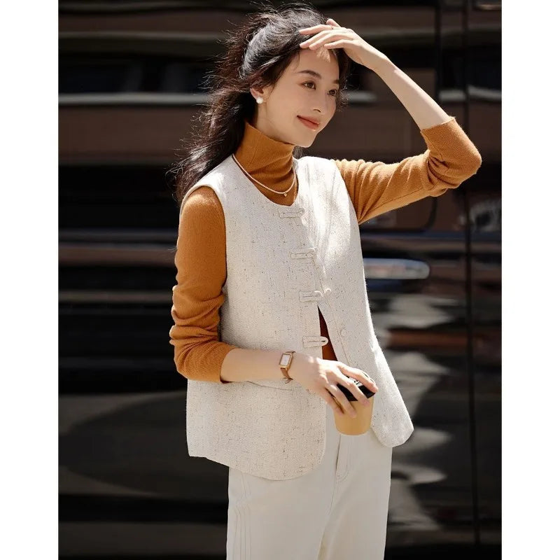 Women's Vest New Fashion Retro Chinese Vest Coat New Small Fragrant Vest Female Tops Sleeveless Jacket Chaleco Mujer Outerwear
