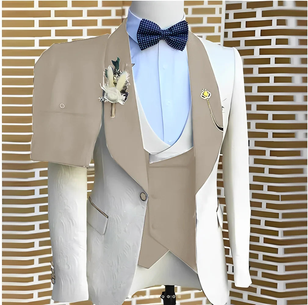 White Jacquard Elegant suits Men For Wedding Formal Jacket Vest Pants 3 Pieces Groomsman Tuxedos Tailored Male Fashion Clothing