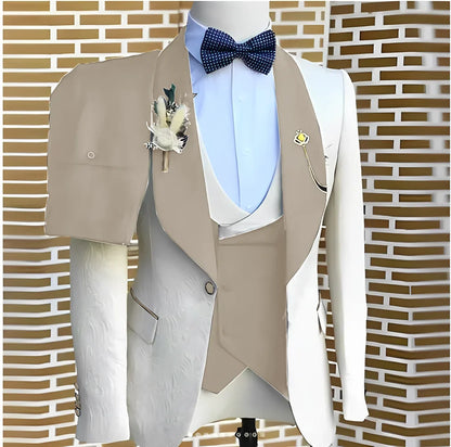 White Jacquard Elegant suits Men For Wedding Formal Jacket Vest Pants 3 Pieces Groomsman Tuxedos Tailored Male Fashion Clothing