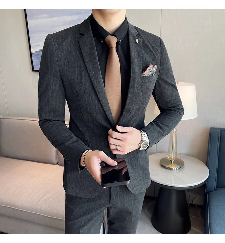7XL 6XL(Jacket+Pant）Fashion Striped Men Slim Fit Suit Groom Wedding Tuxedo Formal Business Party Slim Fit Social Stage Costume