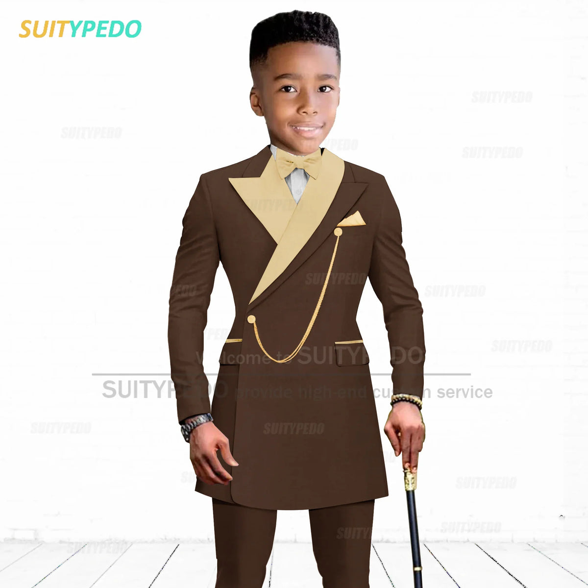 Brief Kids Suit Set  Formal Evening Prom Boys Stylish Gold Lapel Blazer And Pants Two Pieces Children Baptism Formal Costumes