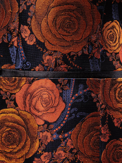 Vintage Brown Rose Pattern Mens Tuxedo Jacket, Satin Shawl Collar Slim Blazer for Banquet Host Wedding Party