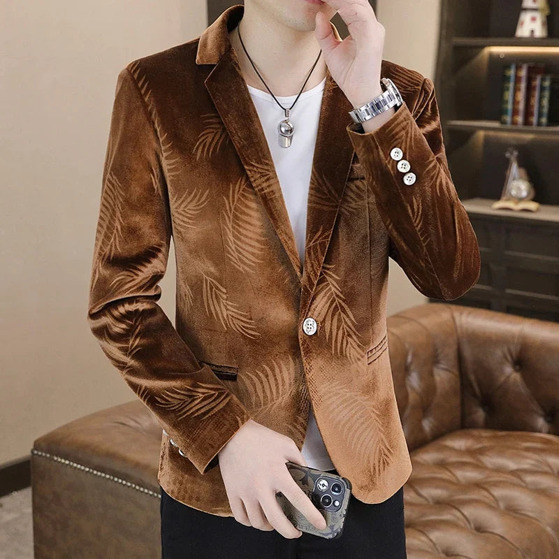 Men's Slim Fit Velvet Blazer – Bamboo Leaf Print Smart Casual Suit Jacket