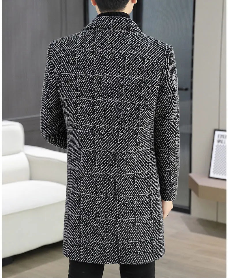 High-quality winter men's fashionable and stylish woolen overcoat, suit collar, mid-length windbreaker, woolen coat