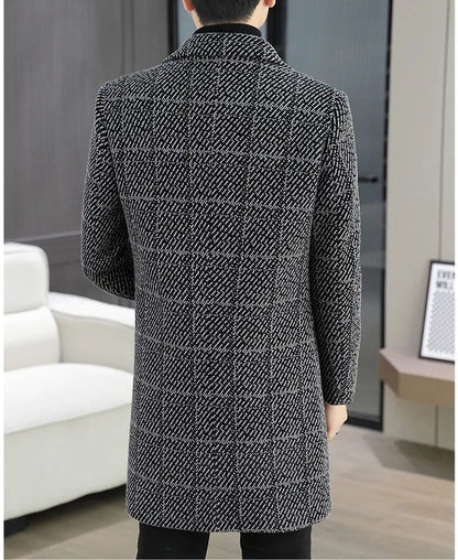 High-quality winter men's fashionable and stylish woolen overcoat, suit collar, mid-length windbreaker, woolen coat