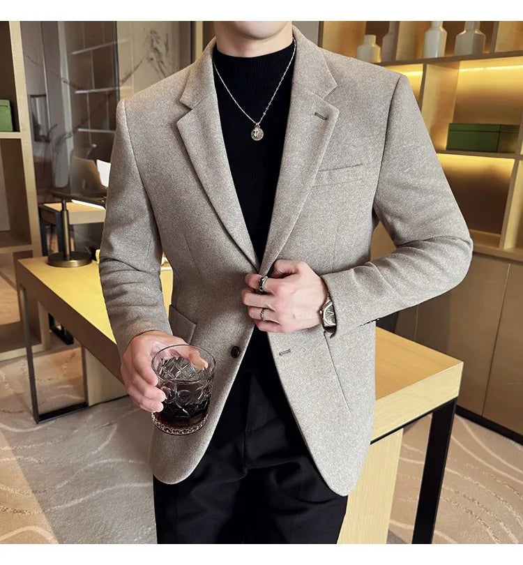 High Qualitys Thickened Wool Suit Jacket Autumn Winter New Luxury Solid Color Formal Men Business Slim Fit Social Party Tuxedo