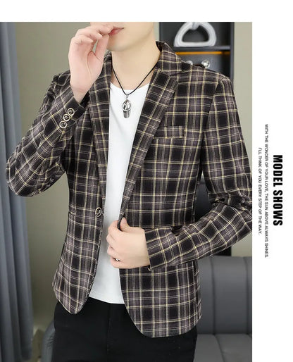 2026 Blazer Outdoor Men's Checked Fashion Business Trend Wedding Slimming Gentleman Casual Korean Travel High Formal Wear Blazer