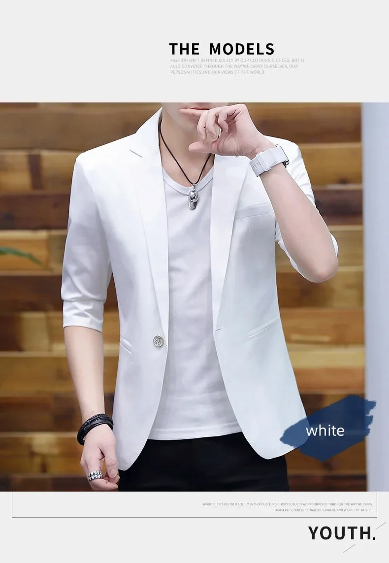 Summer 2025 Men's Mid-Sleeve Slim Fit Suit Korean Style Handsome Youth Seven-Quarter Jacket Small Suit Collection