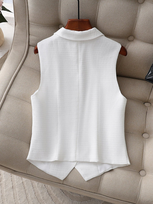 Chic White Tweed Vest for Women, Korean Style Sleeveless Blazer with Elegant Pearl Buttons, Spring and Summer Office Lady Top