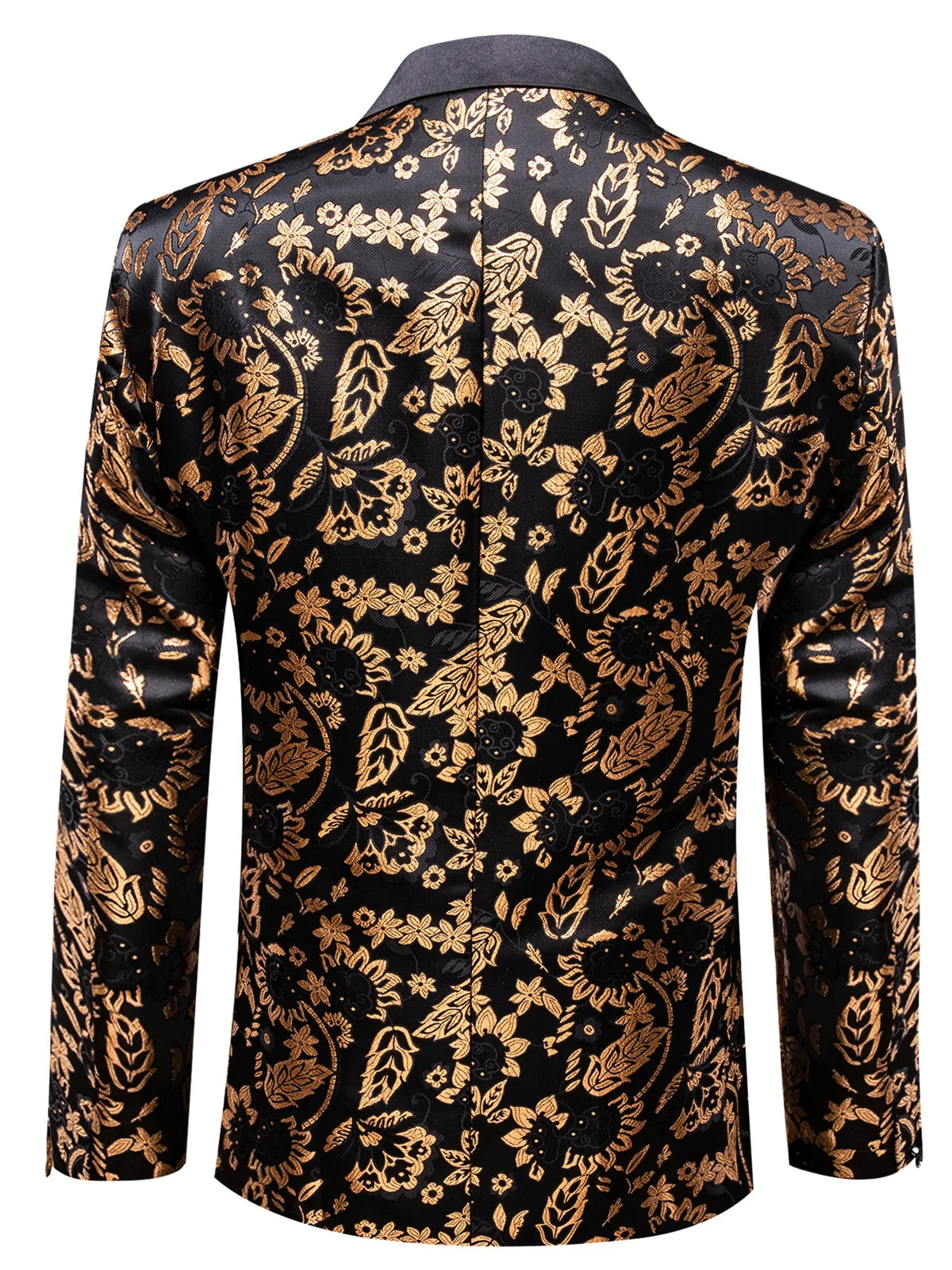 Gold Sunflower Pattern Jacquard Men Tuxedo Blazer, Black Satin Shawl Lapel Single Button Suit Jacket Formal Party Wear