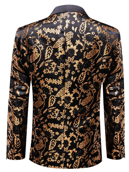 Gold Sunflower Pattern Jacquard Men Tuxedo Blazer, Black Satin Shawl Lapel Single Button Suit Jacket Formal Party Wear