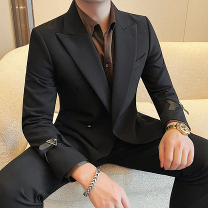 2026 Luxury Black Suit Jacket for Men PU Decorative Casual Social Men Blazers Banquet Party Wedding Formal Jackets Costume Homme