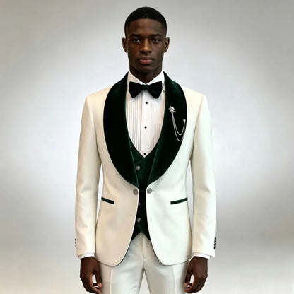 Costume de smoking 3 pièces ivoire pour homme coupe ajustée formel, ensemble de vêtements de mariage et d'affaires pour homme avec blazer, gilet et pantalon à revers châle en velours