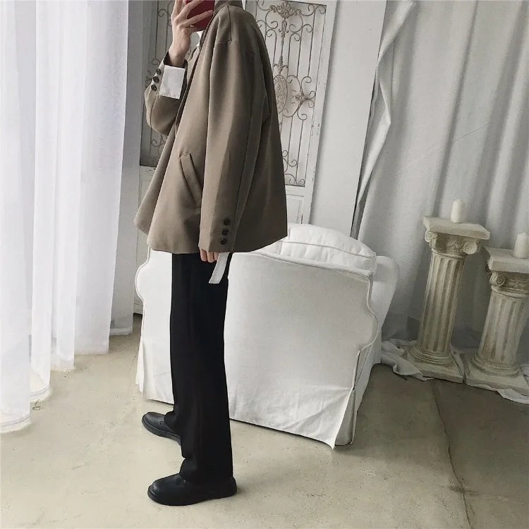 Men Spring Autumn Casual Blazer Set INS Korean Style Trendy Hong Kong Vibe Handsome Suit Jacket Outerwear