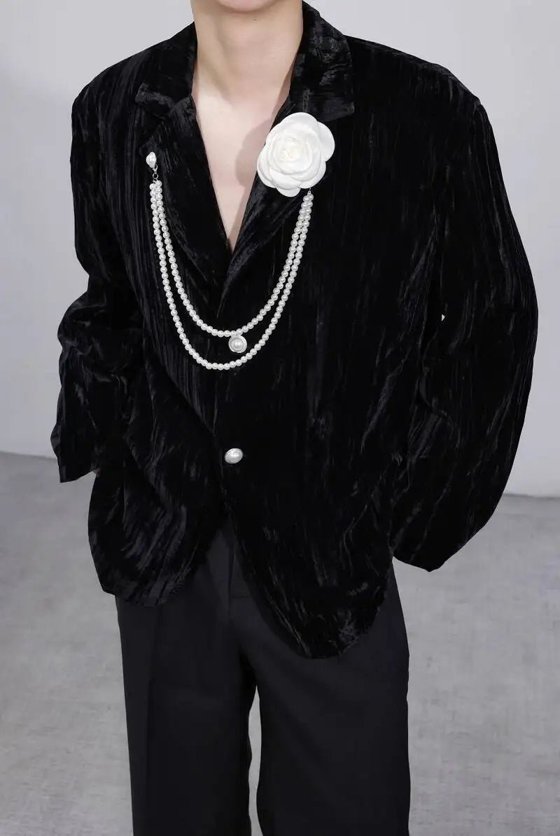 Luxury Elegant Handsome Blazer Coat Men's Original Niche Three-dimensional Pearl Chain Stylish Solid Color Jacket JY4431