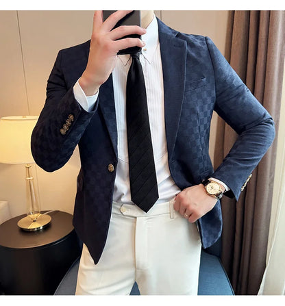 2024 Spring Plaid Blazers Men Single Breasted Casual Business Suit Jacket Fashion Slim Social Banquet Wedding Groom Dress Coats