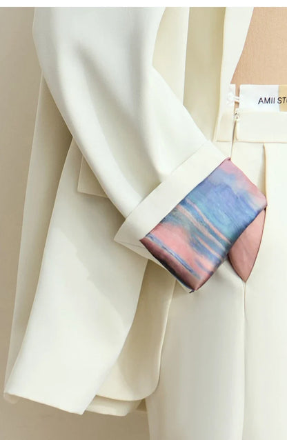 Minimalism Women Tailored Coat 2024 Autumn New Office Lady Lapel Collar Print Patchwork Mid-length Loose Blazer 12443016