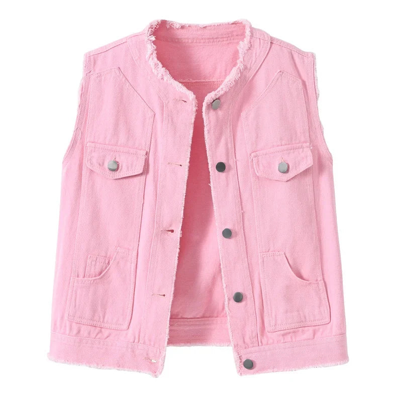 Autumn Women Denim Vests Sleeveless Waistcoat Students Casual Sleeveless Tops Jeans Jackets Pink Yellow White Orange Green 5XL