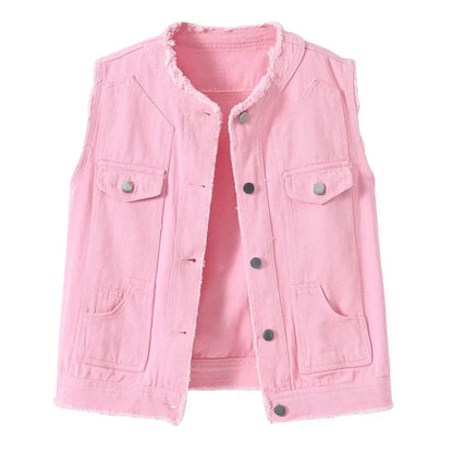 Autumn Women Denim Vests Sleeveless Waistcoat Students Casual Sleeveless Tops Jeans Jackets Pink Yellow White Orange Green 5XL