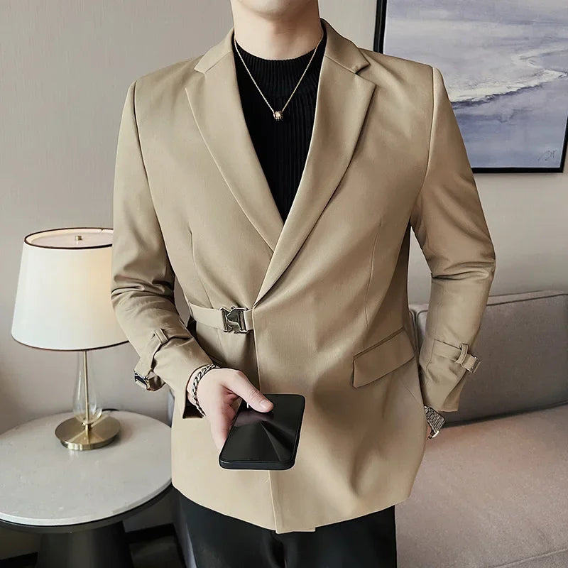Men's Slim Fit Blazer Metal Buckle Decoration Smart Casual Wedding Party Jacket