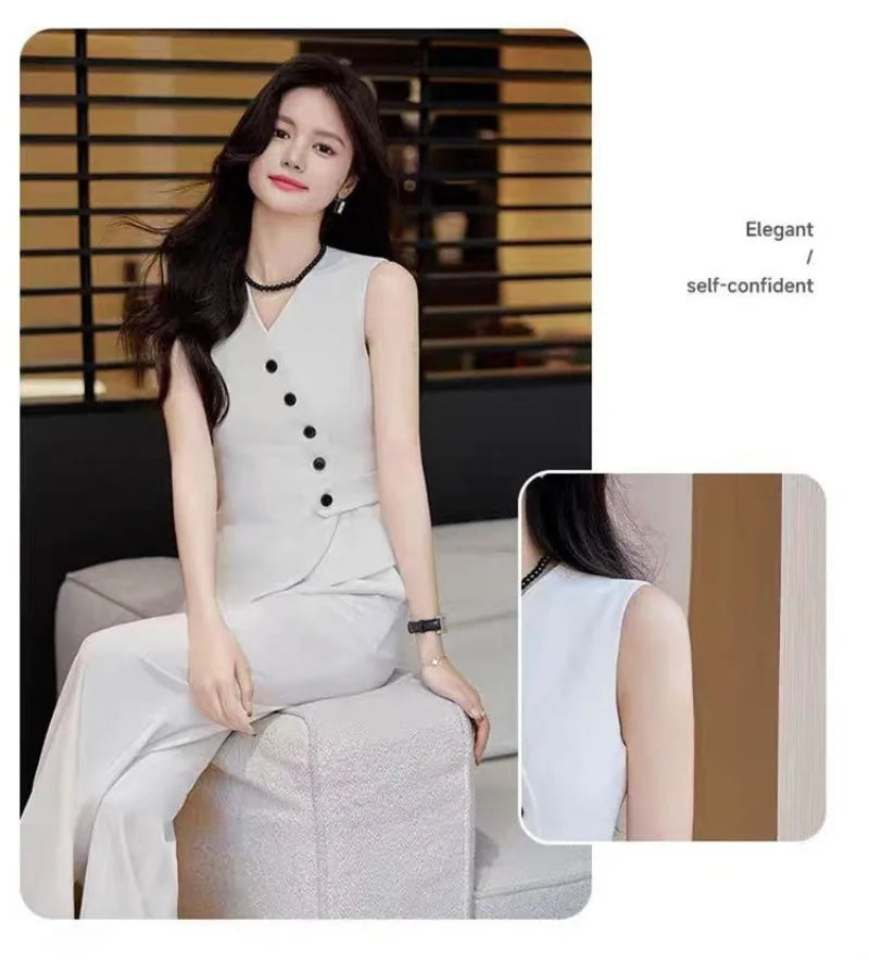 Office Female Suits Vest Coat Spring Summer V-Neck Diagonal Buckle Sleeveless Blazers Jacket Women Fashion Thin Slim Waistcoat