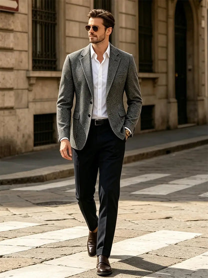 British Men's Blazer Vintage Herringbone Tweed Slim Fit Suit Jacket Wool Blend Formal Business Casual Sport Coat Wedding Office