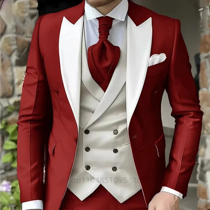 Costumes roses pour hommes Élégant smoking de marié à revers pointu Veste 3 pièces Gilet et pantalon Ensemble de costume formel pour hommes pour affaires et bal de promo