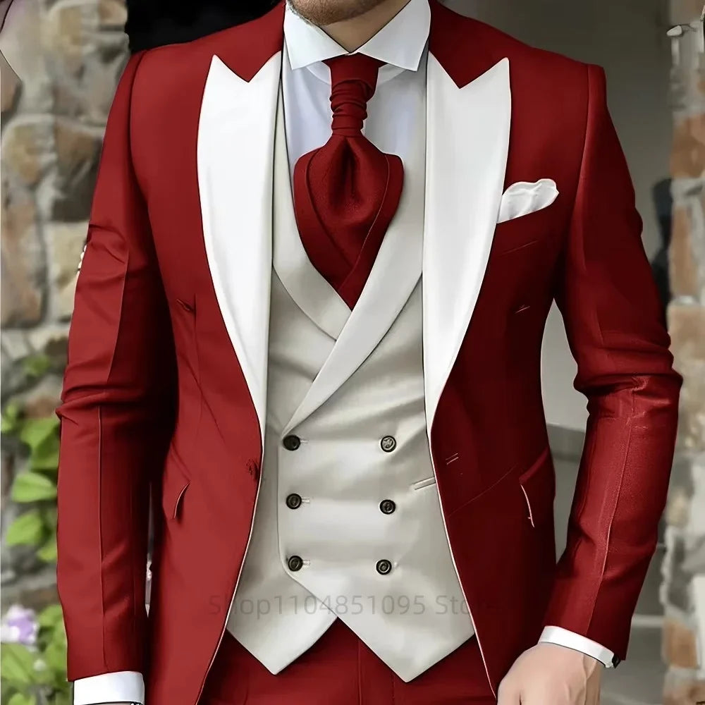 Costumes roses pour hommes Élégant smoking de marié à revers pointu Veste 3 pièces Gilet et pantalon Ensemble de costume formel pour hommes pour affaires et bal de promo