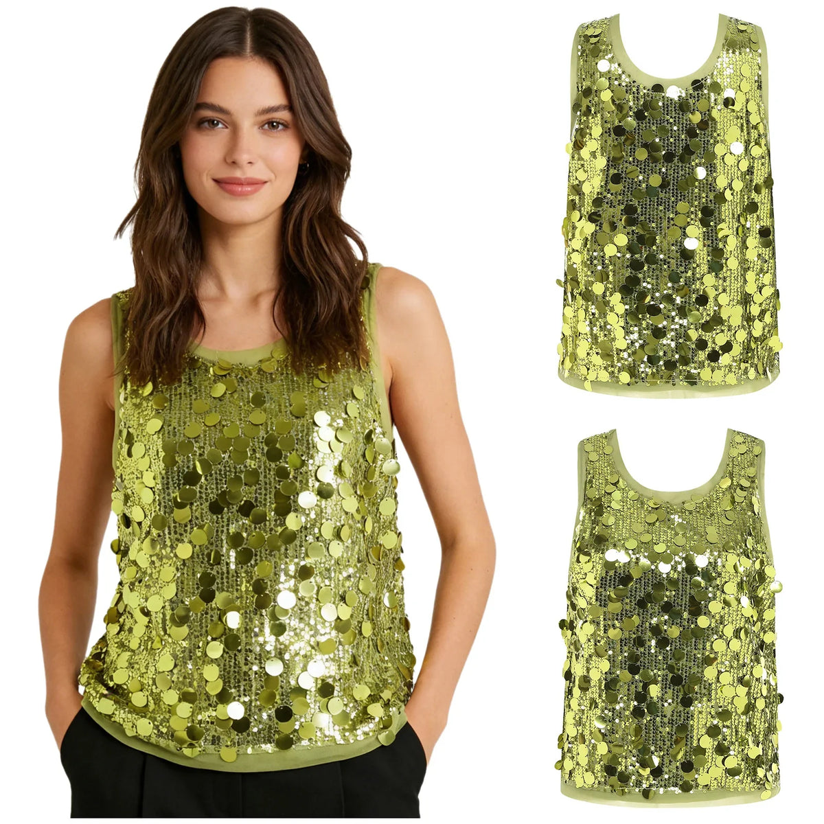 Women's Sleeveless Top Sequins Loose Vest Disco Costume Tank Top Nightclub Fashion Streetwear Shiny Clubwear Rave Party Outfit
