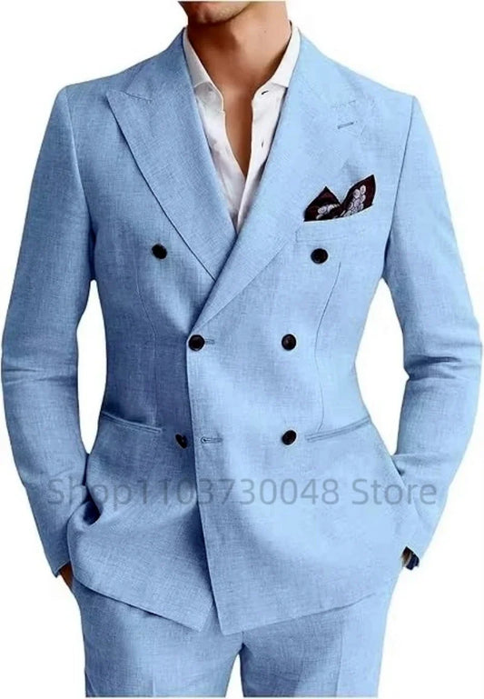 Men's Casual 2-Piece Beige/Blue Linen Suit with Peak Lapel Slim Fit Blazer Pants for Summer Beach Wedding Prom Daily Wear Outfit