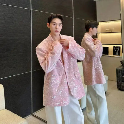 Blazer 2025 Autumn New Sequin Patchwork Luxury Elegant Temperament Coat Men's Fashion Handsome Shoulder Pad Coat JY5816