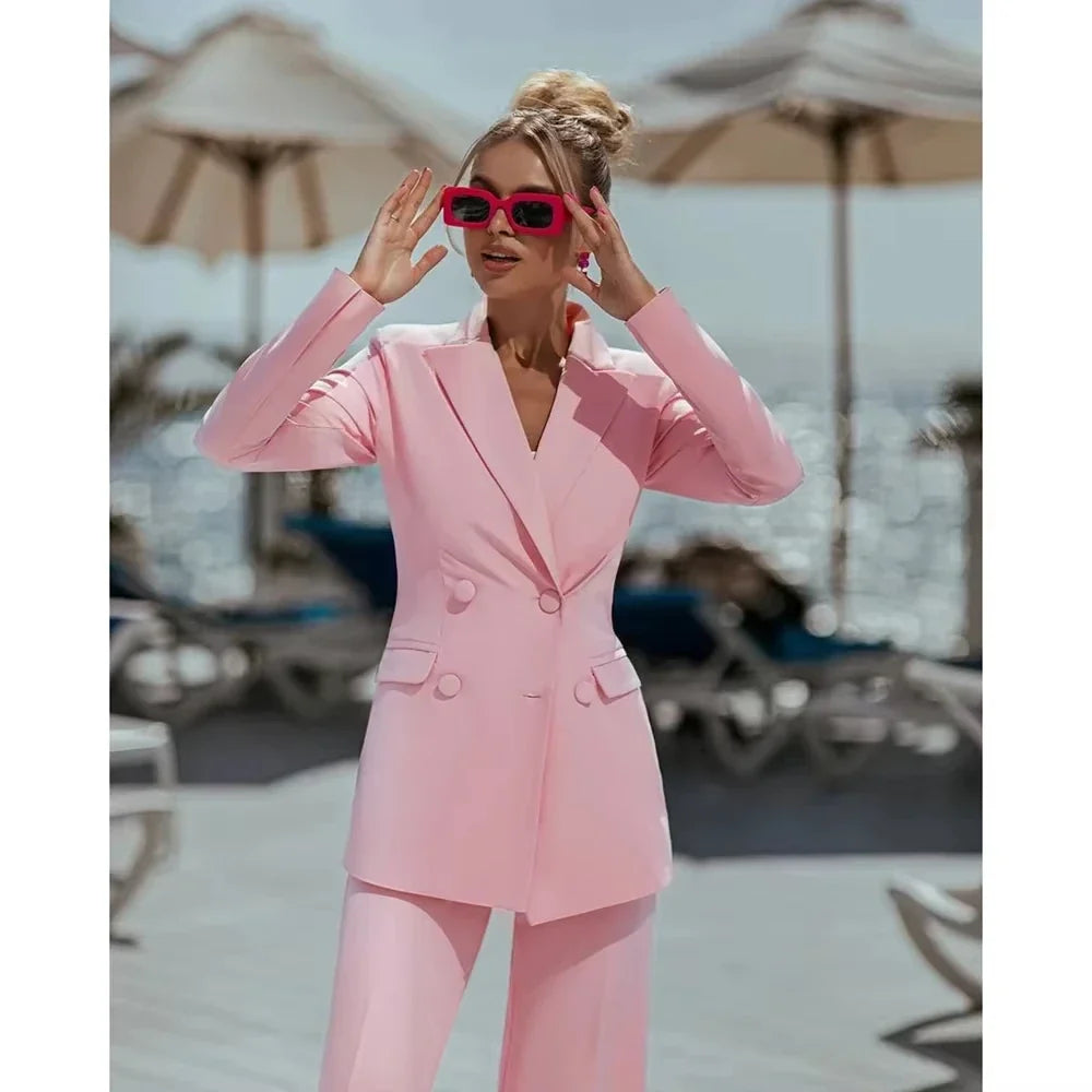 2 Piece Pink Ladies Suits Elegant Double Breasted Peak Lapel Outfit Casual Slim Daily Prom Party Women Suits Jacket+Pant