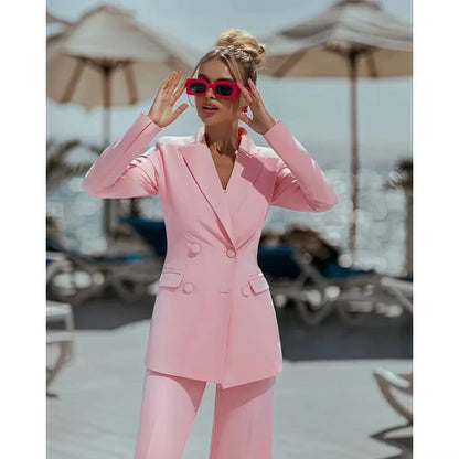 2 Piece Pink Ladies Suits Elegant Double Breasted Peak Lapel Outfit Casual Slim Daily Prom Party Women Suits Jacket+Pant