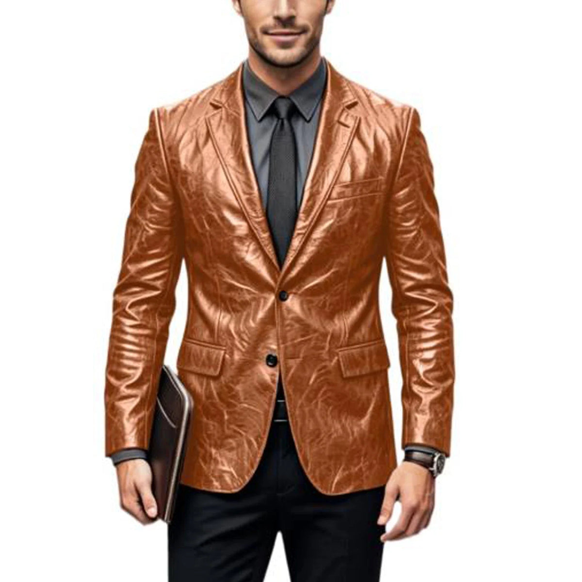 Vintage Wrinkled Men's PU Leather Blazer Slim Fit Notched Lapel Business Suit Jacket Two Button Casual Sport Coats for Office