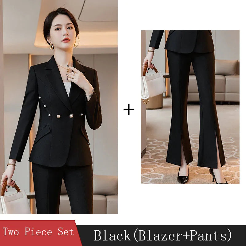 Office Lady Formal Blazer Pants Suits 2 Piece Matching Set Conjuntos Para Mujeres Plus Size Jacket Split Flare Pants Sets New