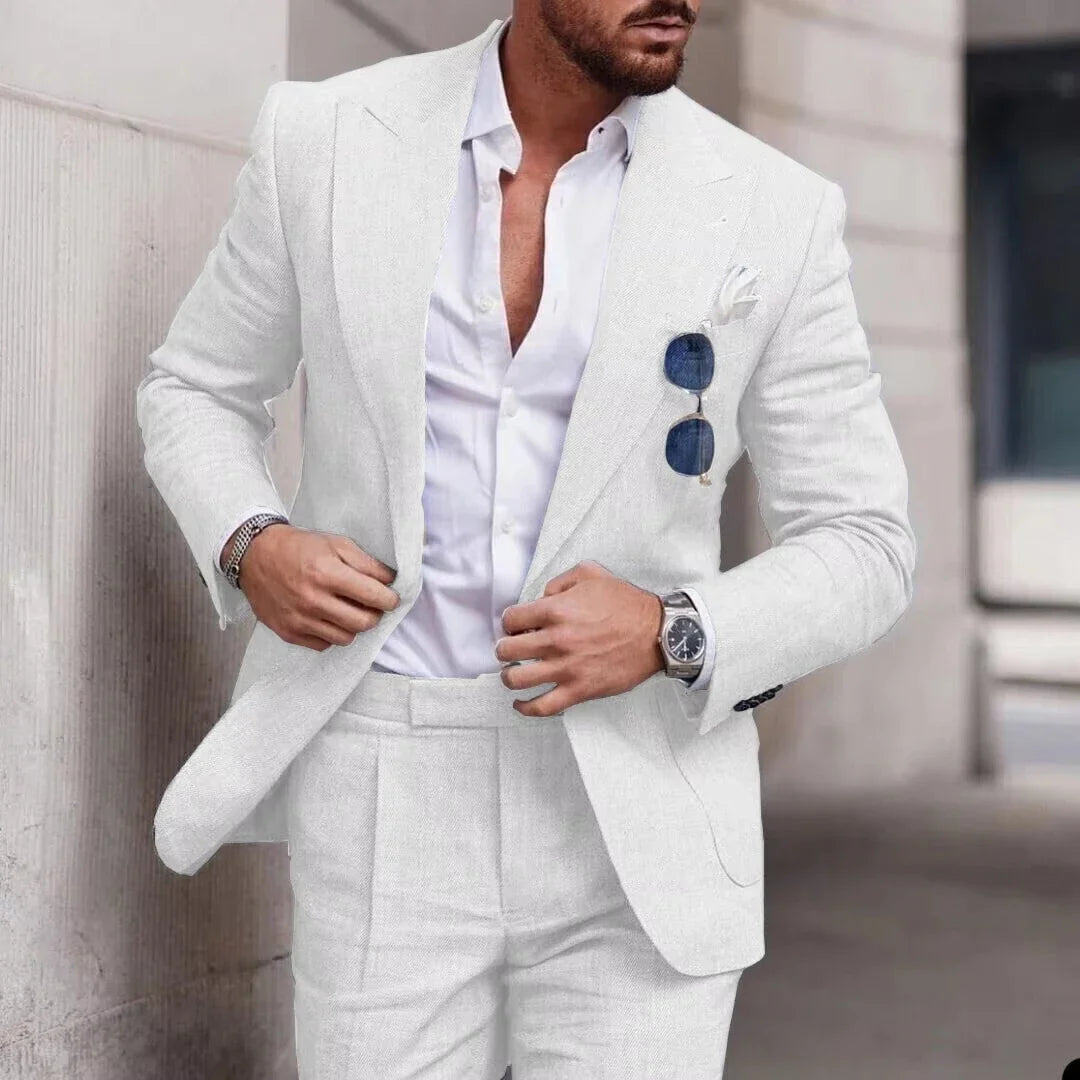 Men's 2-Piece Linen Suit – Slim Fit Notch Lapel Blazer & Trousers for Wedding, Business & Formal Occasions