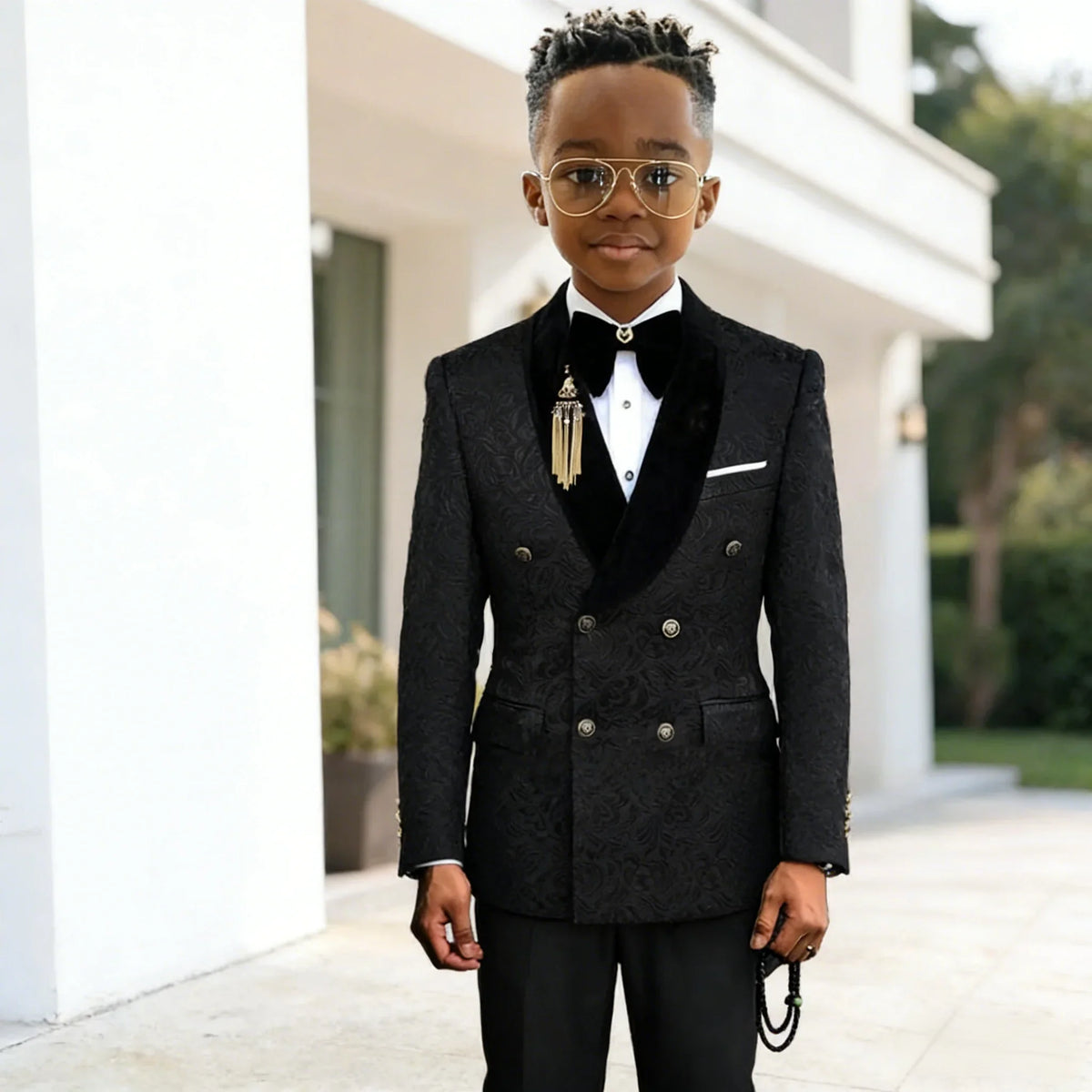 Black Jacquard Floral Boys Suits For weddings Children Suits Double Breasted Kid Wedding Prom Suits Blazers Sets For boys Tuxedo