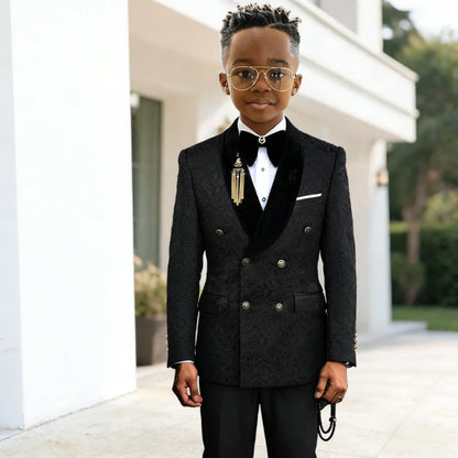 Black Jacquard Floral Boys Suits For weddings Children Suits Double Breasted Kid Wedding Prom Suits Blazers Sets For boys Tuxedo