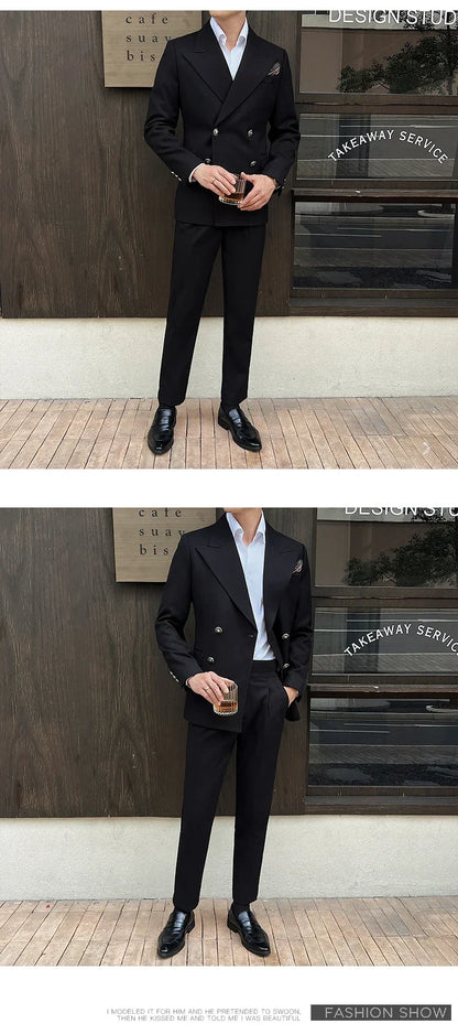 (Jackets+Pant)Fashion Double Breasted Design Men Suit Italian Style Luxury Elegant Business Social Wedding Dress Thick Suit 2Pcs