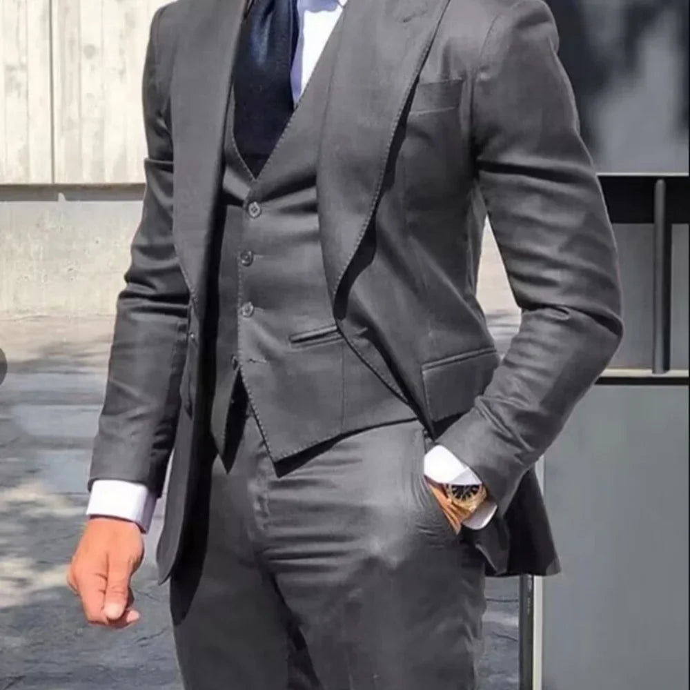 3PCS Men's Formal Tuxedo Set with Peaked Lapel Blazer Vest Pants - Fashion Business Suits for Wedding Party Groom
