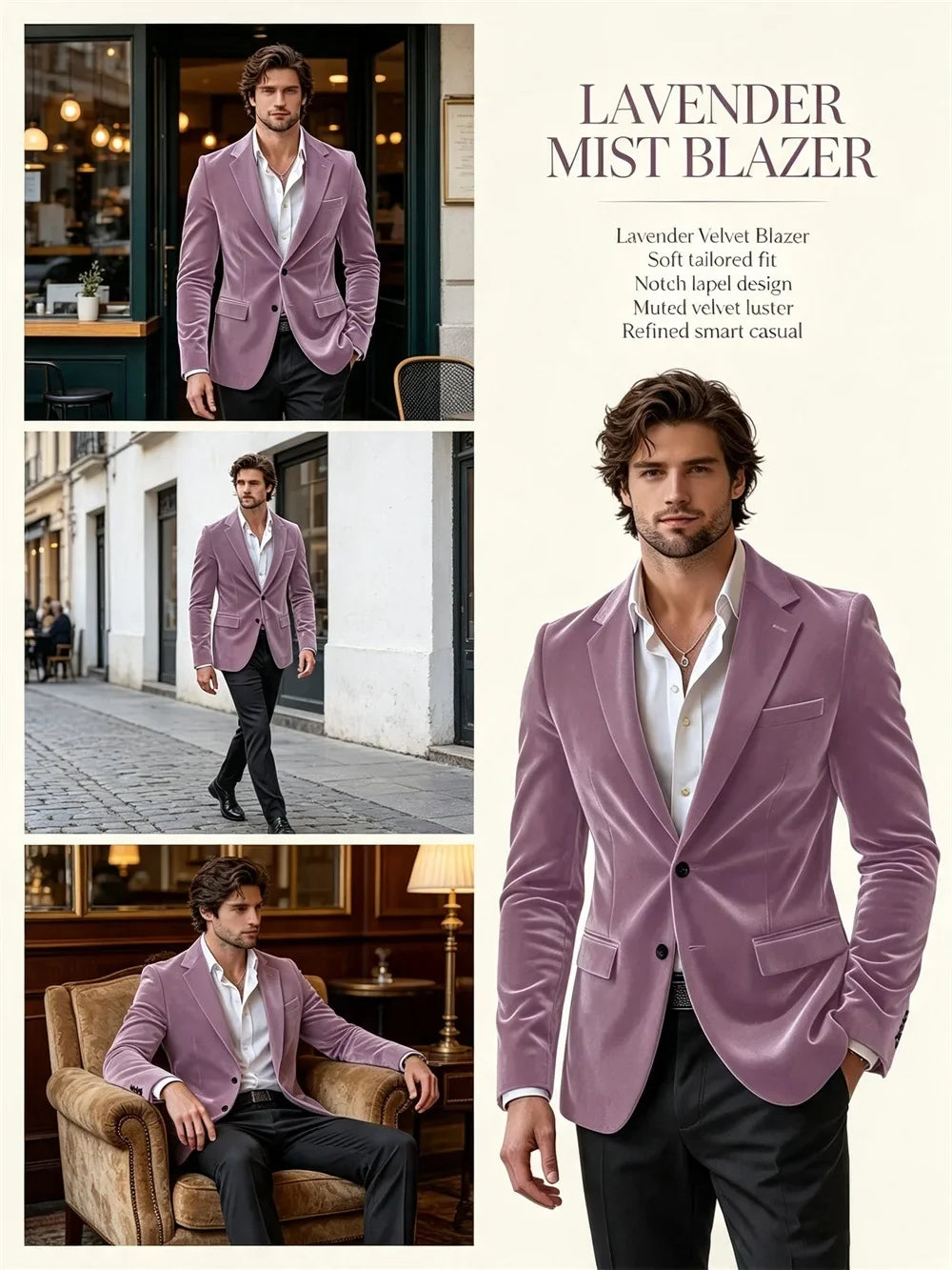 Men's Velvet Blazer Single Breasted Slim Coat Tailored Business Casual Groom's Jacket Fit Work Date Party Wedding Daily Wear