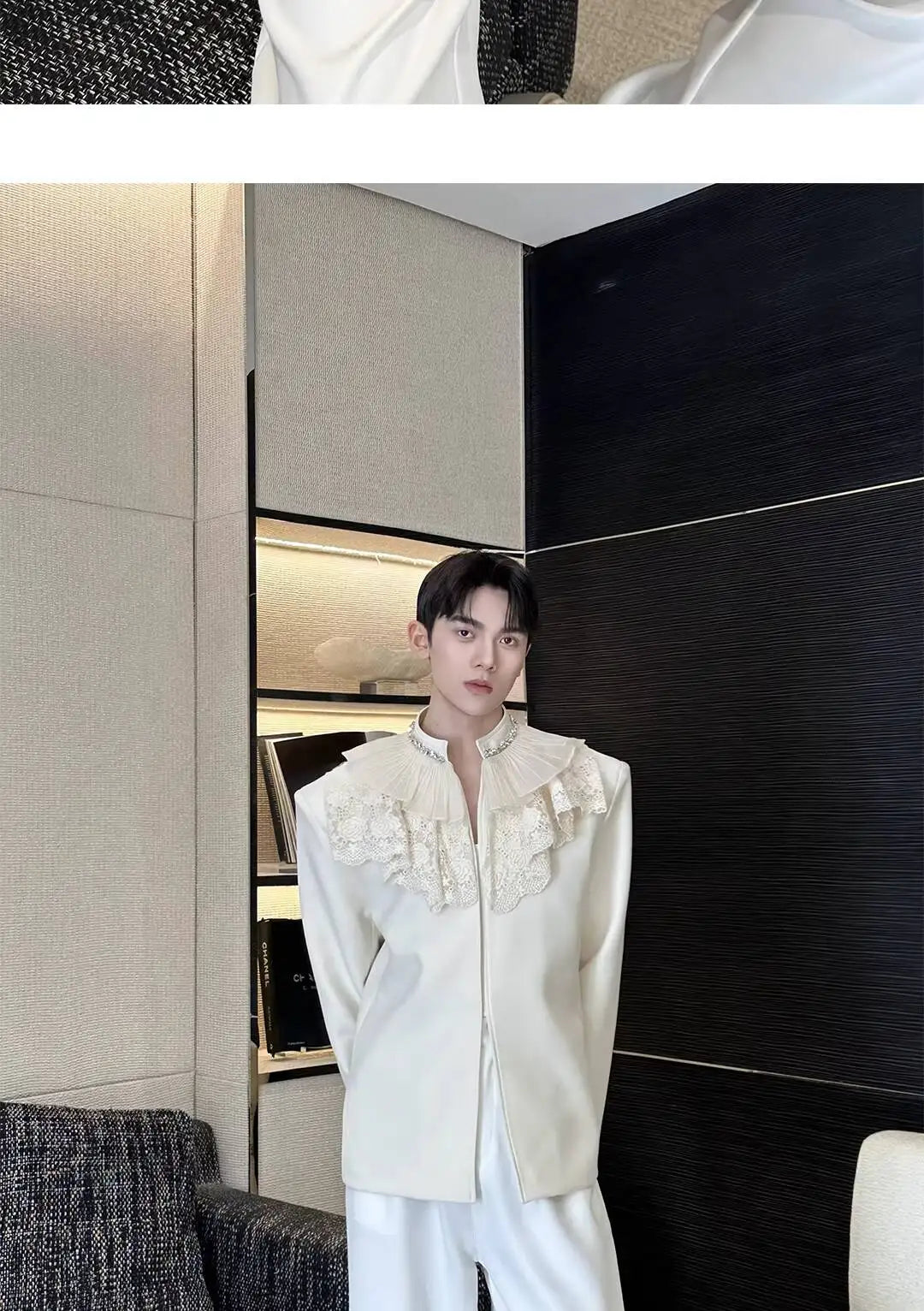 2026 New Personalized Lace Patchwork Stand Collar Diamond-Embellished Blazer Coat Men Fashion Luxury Casual Jacket JY6215