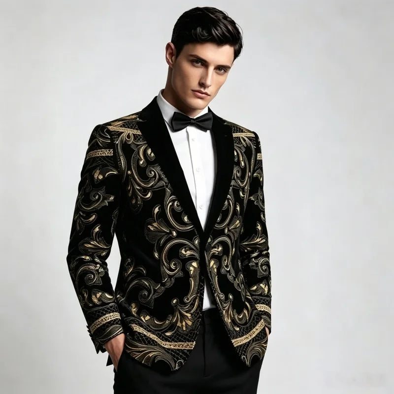 Men's Luxury Slim Black Velvet Embroidery Wedding Suit Jacket Fit Tuxedo Blazer Stylish Groom Banquet Singer Host Stage Clothing