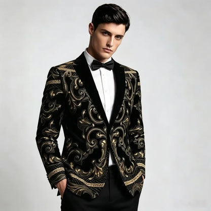 Men's Luxury Slim Black Velvet Embroidery Wedding Suit Jacket Fit Tuxedo Blazer Stylish Groom Banquet Singer Host Stage Clothing
