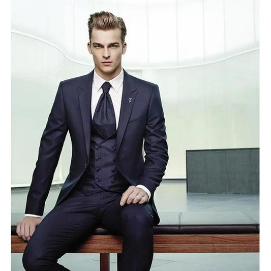Men Suits Navy 3 Pieces Slim Fit Business Men Suit Set Custom One Button Wedding Dress Blazer Jacket Vest&Trousers