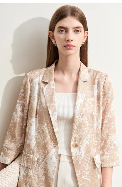 Minimalism Silk Blazers 2026 Summer Notched Printed Basic Fashion Jacket Three Quarter Women Office Lady Blouse 12452146